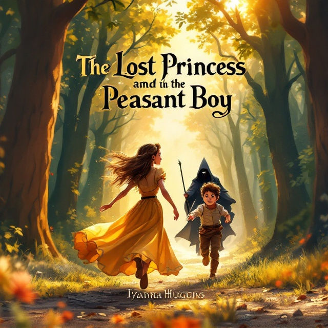 The cover features a vibrant illustration of a forest bathed in golden sunlight, with towering trees framing the scene. In the foreground, a young princess in a flowing, cheerful gown and a peasant boy in rustic attire are caught mid-run. Both characters have worried expressions as they glance back over their shoulders. Behind them, a sinister wizard with a dark cloak and staff can be seen partly obscured by the trees, adding an element of tension to the scene.