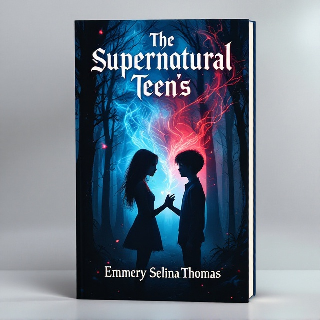 A dark and mysterious forest dominates the background with shadows and silhouettes of trees. In the foreground, two ethereal figures, a young girl and boy, both with glowing eyes and slightly translucent bodies, stand facing each other with a sense of longing and tension. The girl's hand reaches towards the boy, while their expressions convey a mix of romance and betrayal. Overhead, a swirling mist of blue and red hints at supernatural forces at play.