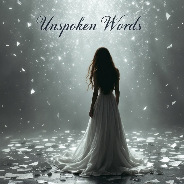 The cover features the silhouette of a girl with long brown hair viewed from the back, dressed in a flowing white gown. Her figure is positioned slightly off-center to the right, emphasizing her sense of isolation. She stands amidst shards of broken glass scattered across a muted gray background, with the glass pieces catching faint beams of light to create a subtle reflective effect. This background conveys a feeling of melancholy and introspection.