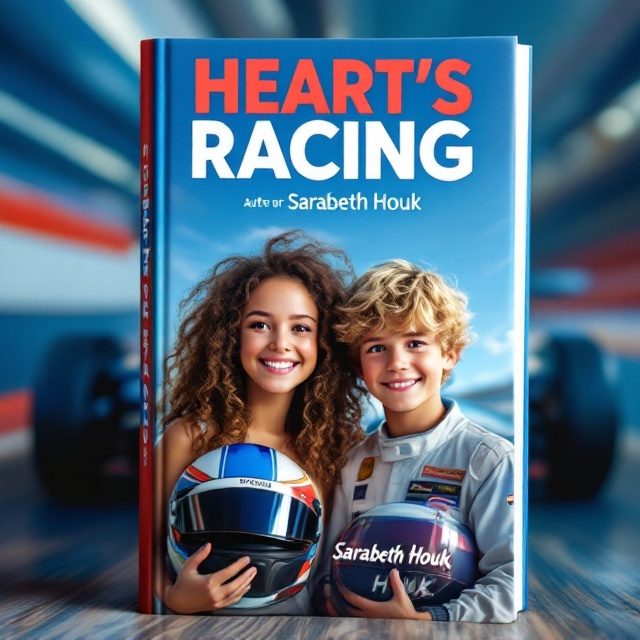 A vibrant scene featuring a brown curly-haired girl and a blonde wavy-haired boy, both beaming with happiness. The boy holds a race car helmet in one hand, symbolizing the thrilling world of racing. They're positioned in the foreground, with a sleek blue race car dominating the background. The car seems to zoom towards the viewer, reinforcing the theme of exciting, heart-racing adventure. The scene is bathed in a palette of blue tones, which enhances the joyous and concentrated mood.