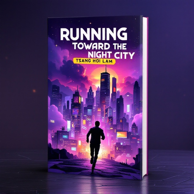 A sprawling, futuristic cityscape bathed in hues of purple and gold fills the background. Neon lights and digital billboards give the impression of a cyberpunk world. Silhouette of a lone figure caught mid-stride is prominently featured in the foreground, running towards the glowing city. Dream-like clouds and abstract elements float around, adding a sense of dreams and aspirations intertwining with the urban environment.