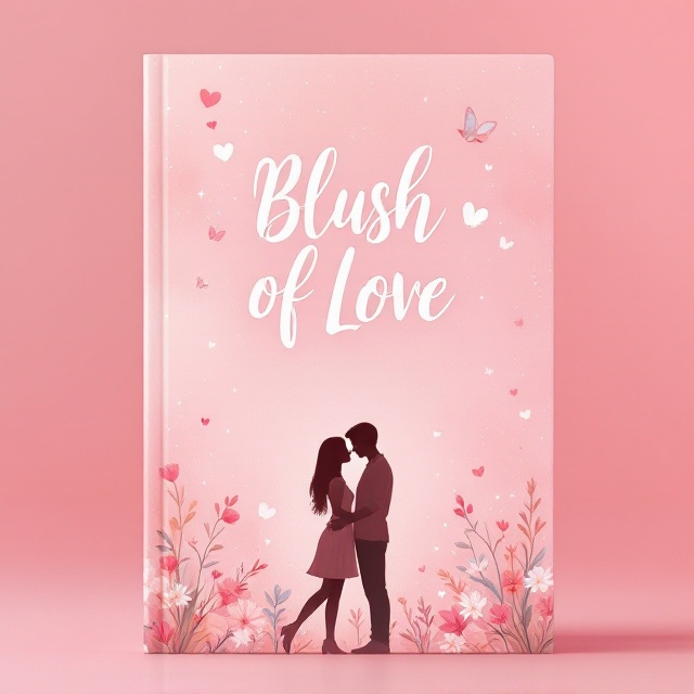 A dreamy, soft pastel pink background with delicate, twinkling white sparkles and subtle watercolor patterns. At the center, the title "Blush of Love" is elegantly showcased, surrounded by whimsical illustrations of hearts, fluttering butterflies, and blooming flowers. At the bottom, a silhouette of a young couple is presented, standing close together in an embrace, evoking feelings of innocence and deep affection, enhanced by soft shadows for added depth.