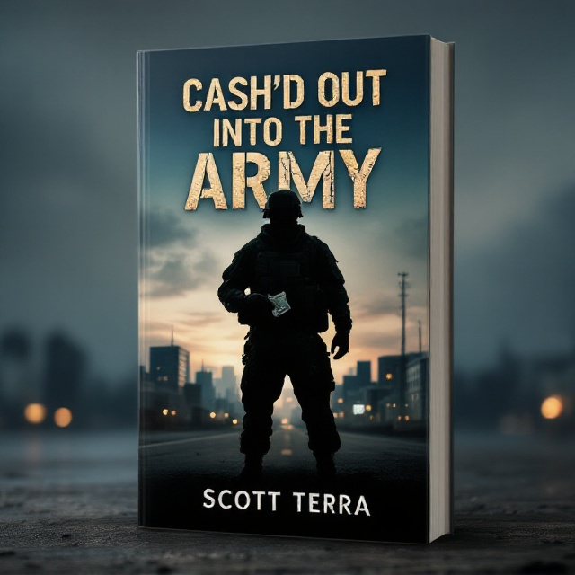 A solitary soldier, silhouetted against a softly lit, twilight sky, stands at the forefront, holding a crumpled cash note in one hand. In the background, a gentle transition from an urban cityscape on the left to a military base on the right symbolizes the change in life. The colors are muted blues and grays, with a soft, lingering glow around the edges to evoke a sense of melancholy and hope.