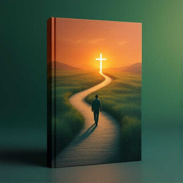 A lone figure is depicted walking along a winding path that leads into the horizon. The path is bordered by subtle, elongated shadows, hinting at an unseen presence. The backdrop transitions from a dense, spiritual green in the foreground to a gradient terracotta near the horizon where a barely discernible cross stands subtly illuminated.