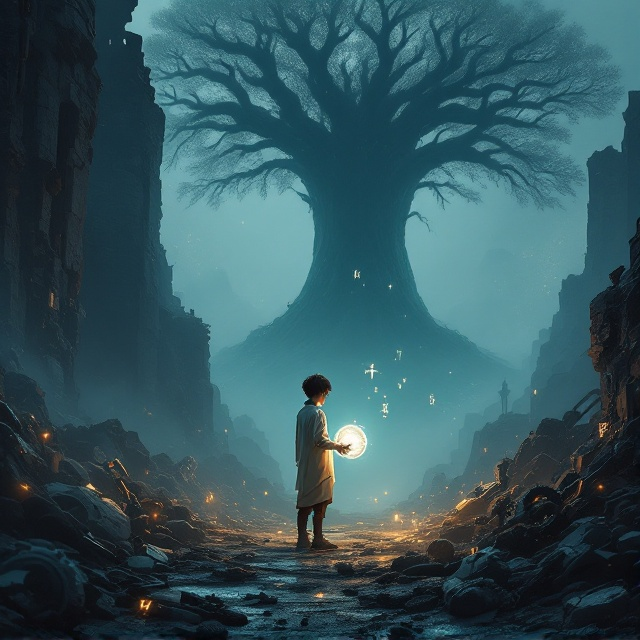 The cover features a young boy in simple clothing standing prominently in the foreground, clutching a glowing mechanical sphere and scraps of metal. Behind him lies a collapsed mechanical ruin, with scattered broken gears and robotic arm remnants. Softly illuminated runes subtly float in the air. In the distant, misty background, the outline of an immense ancient tree is seen, towering like the pillar of the world. The overall atmosphere conveys vast unknown potential and latent power.