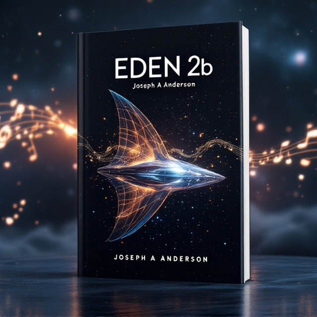A vast expanse of space as a backdrop, featuring a sleek, futuristic spaceship adorned with enormous, shimmering sails reminiscent of fish fins. These sails are woven with strands of light flowing like musical notes across the sails and into the dark distance. The stars and celestial bodies twinkle in the background, enhancing the mystery and wonder of space travel.