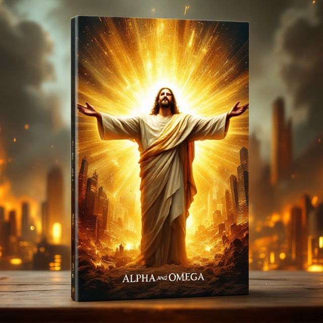 The central image of Jesus Christ is depicted in a powerful and majestic pose, standing with outstretched arms. Surrounding him, a vivid scene of the modern world crumbling away as vibrant gold light emanates from Christ, symbolizing his divine presence. Detailed illustrations of skyscrapers, digital devices, and cityscapes in decay fade into the background.
