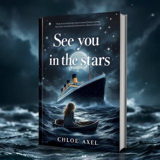 The cover features a dramatic, stormy night sky with dark clouds and a hint of moonlight breaking through. In the foreground, a small lifeboat carrying a blond girl in a tattered dress looking over her shoulder at the sinking Titanic in the background. The turbulent water is depicted in muted blues and greys, with the ship's silhouette slowly disappearing beneath the waves. The overall palette is somber and cold, conveying the somber mood of the scene.