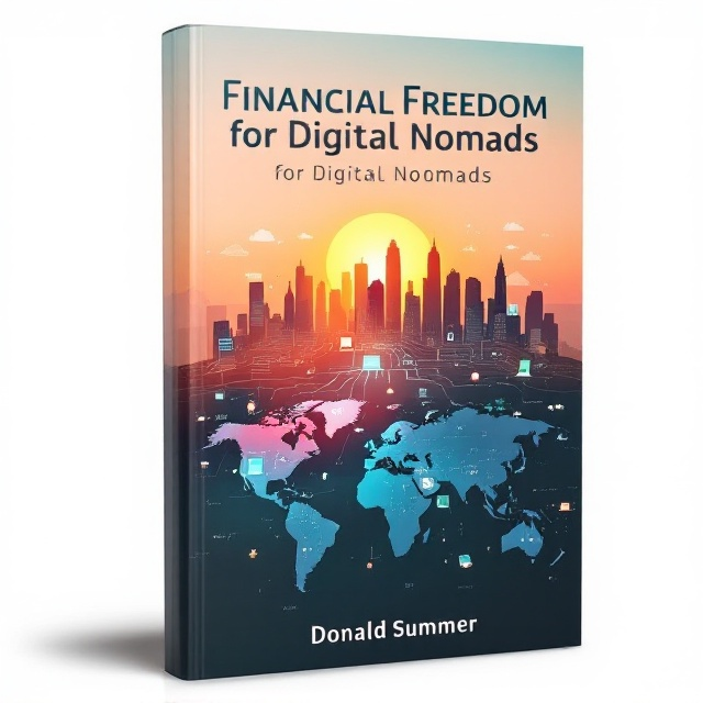 A serene digital landscape with a world map subtly integrated into the background, featuring icons representing key destinations and digital devices like laptops and smartphones around them. An inspiring, futuristic skyline silhouettes softly against a sunrise at the top of the cover.