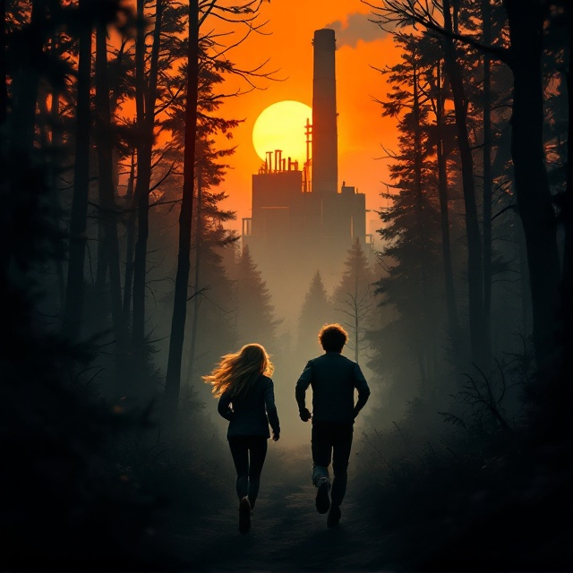 The cover showcases a dynamic scene with a blonde teenage girl and a brown-haired teenage boy in mid-stride, running through a dense forest. The forest is shadowy, creating a sense of suspense, with the silhouette of a factory visible in the background, all beneath a dramatic, orange-tinted sunset sky. The colors blend to evoke a thrilling and adventurous tone, with streaks of sunset light piercing through the trees.