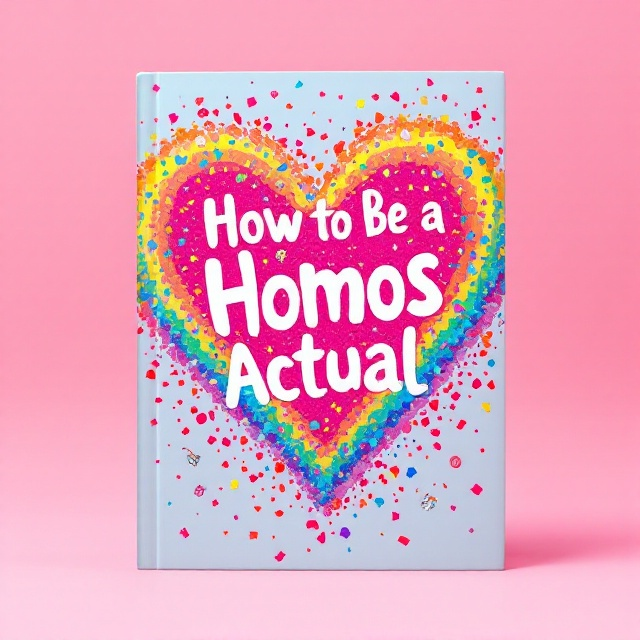 The cover features a vibrant illustration of rainbow-colored confetti in the shape of a large, bold heart that dominates the center. The background is a soft pastel pink, creating a playful and welcoming atmosphere. Scattered around the heart are small caricatures of various LGBTQ+ symbols, like unicorns, peace signs, and pride flags, adding to the humor and whimsy.
