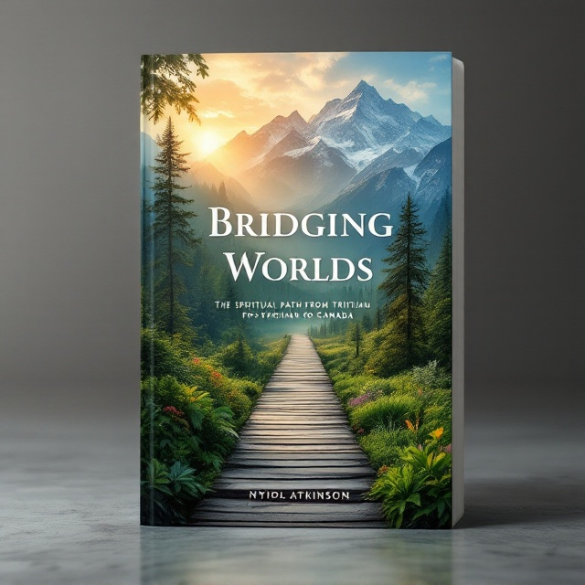 A tranquil, serene landscape that artistically merges elements of Trinidad and Tobago's lush tropical foliage with the snow-capped peaks and forests of Canada. The imagery includes a pathway or bridge that extends from one landscape to the other, symbolizing the spiritual journey and transition. Warm, glowing hues are blended with cool tones to evoke a sense of spiritual balance and journey.