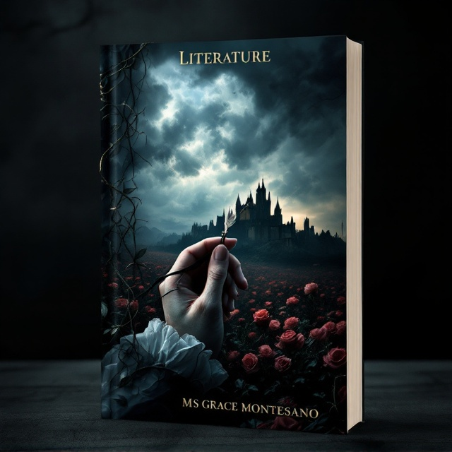 The cover features a dark, stormy sky at the top half, with ominous clouds swirling around the silhouette of a castle in the distance. In the foreground, a dramatically lit, delicate hand holds a broken quill pen, symbolizing betrayal and despair. Intertwined ivy creeps across the corners of the composition, representing jealousy. The middle ground shows a field of roses, in varying states of bloom and wilting, hinting at love and treason.