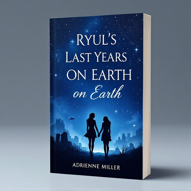 The cover features a night sky saturated in deep blue, filled with twinkling stars that cast a gentle glow. Silhouetted against the celestial background is a distant spaceship, barely discernible but undeniably present. In the foreground, the outline of two women holding hands emerges against the ruins of a once-thriving city, partially obscured by ethereal wisps of mist or smoke. The emotional contrast between the stars and the ruined city evokes a sense of hope amidst despair, encapsulating both the melancholic and romantic elements of the story.