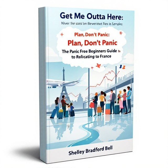 The cover features a dynamic scene at an airport departure gate. To the left, a diverse group of people is depicted with suitcases and pet carriers, animated with anticipation. The backdrop shows a silhouette of the Eiffel Tower inside a sleek airplane window, suggesting the destination is Paris. In the foreground, a stylized map of North America fades into the cover, with an arrow pointing towards France. The Seine River is illustrated subtly weaving across the bottom, with soft blue tones conveying calmness.