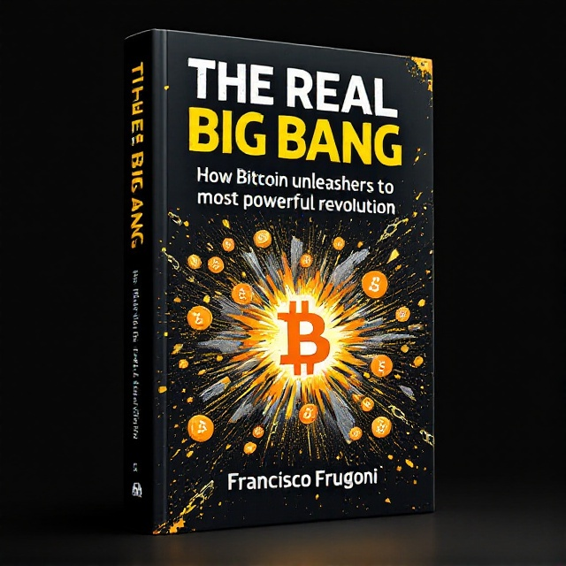 A dramatic explosion in the center represents the "Big Bang," with fragments of Bitcoin symbols flying outward. Broken chains are incorporated into the explosion's debris, symbolizing freedom. The background is a gradient of black to dark gray, giving depth, with subtle dust clouds enhancing the explosive theme. All elements are hand-drawn to give an authentic, raw vibe.