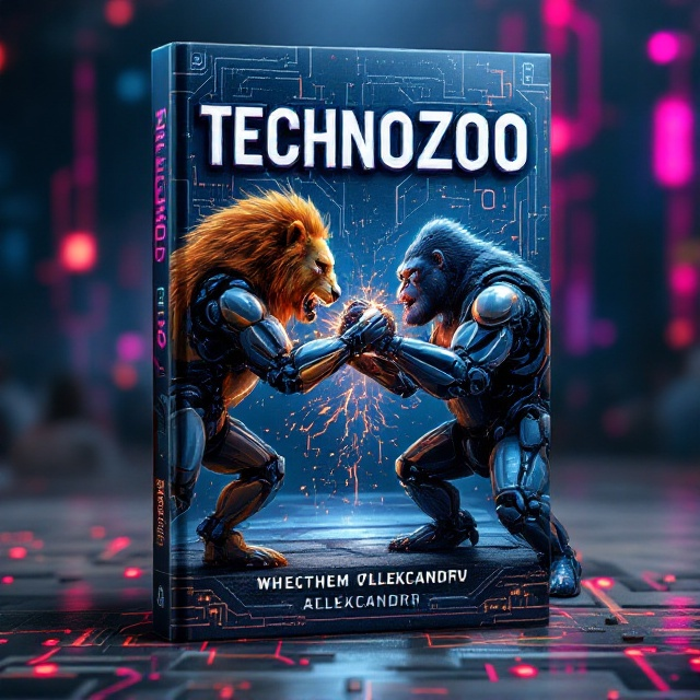 Vibrant neon colors dominate the scene, with a metallic and circuit-themed background. In the foreground, two robot animals—a lion and a gorilla—are locked in dynamic combat. Sparks fly from their limbs, and their mechanical parts are visibly animated, emphasizing their struggle. The backdrop subtly hints at a digital audience watching the showdown, reminiscent of a futuristic Marvel universe style.