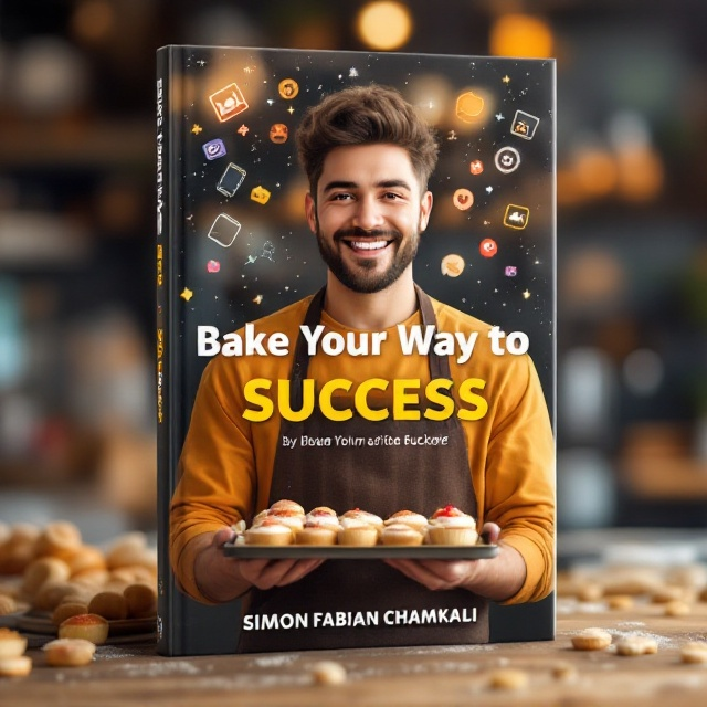 The cover features a cheerful and inviting scene where the foreground presents a baker, warmly smiling, holding a tray of freshly baked pastries. Surrounding the baker are vivid, animated digital marketing icons, like those from popular social media platforms, emanating from a smartphone and a laptop – creating a fusion of physical and digital worlds. In the background, a subtle, artistic blur hints at an engaging crowd and bustling reels of community activity, all styled with vibrant, bright warm colors of orange, yellow, and red.