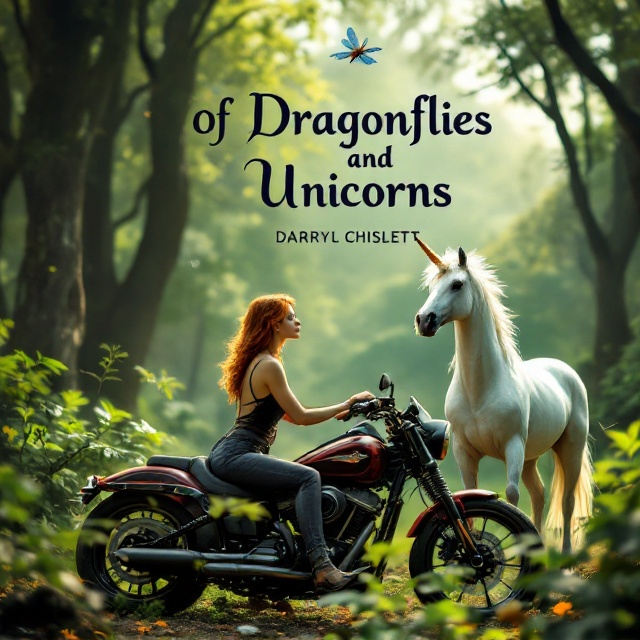 A serene and enchanting forest setting unfolds with lush green foliage and gently rolling hills in the background. In the foreground, a redheaded middle-aged woman sits confidently on a sleek black and red Harley Davidson motorcycle, creatively blending modern elements with fantasy. To her right, a majestic unicorn stands gracefully, shimmering with mystical energy. A delicate dragonfly hovers above the bold title text "Of Dragonflies and Unicorns," adding an ethereal touch.