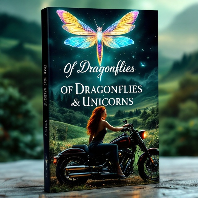 The cover features a lush green forest and rolling hills in the background, setting a mystical and serene atmosphere. At the forefront, a black and red Harley Davidson is angled strategically, with a redheaded middle-aged woman seated confidently on it, her hair flowing like a cascade of fire. Towering behind her, slightly to the right, is an ethereal winged unicorn, shimmering with an opalescent finish, exuding a sense of mysticism. Dominating the upper center of the cover, a large, luminescent dragonfly hovers over the title, its wings glowing with iridescent colors.