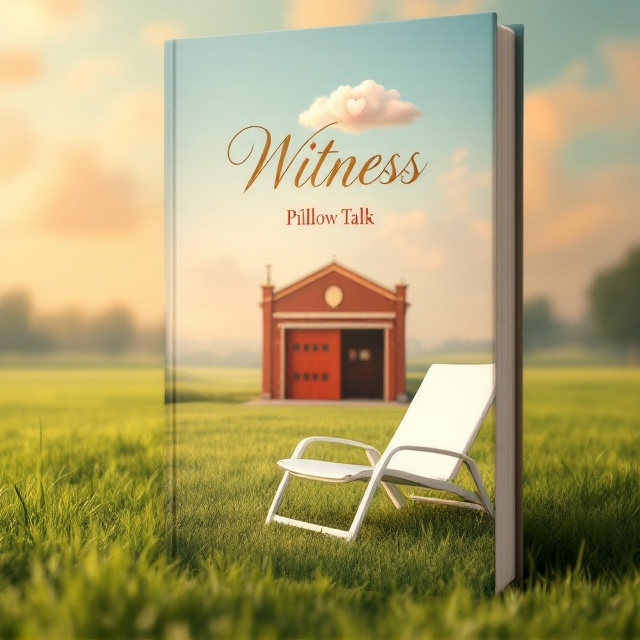 The cover features a tranquil grass lawn in soft, muted greens conveying a sense of peace. Centrally placed is a chic, white lounge chair, symbolizing relaxation and personal space. In the background, just behind the chair, is a vibrant red-brick fire station—its iconic doors partially open. The entire scene is bathed in warm, golden hour light, giving a dreamy quality. A subtle heart-shaped cloud floats above, introducing an element of romance and longing in the sky.