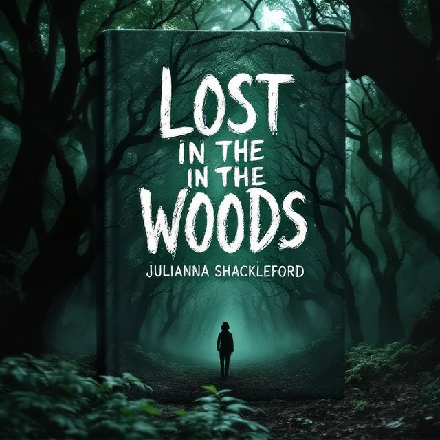 A dense canopy of interwoven treetops dominates the cover with shafts of light piercing through occasionally, casting eerie shadows. Mist clings to the air, adding an element of mystery. The outline of a small silhouette peeking through the forest enhances the sense of being lost and scared. The color palette is predominantly various shades of green, with subtle hints of shadows to enhance depth.