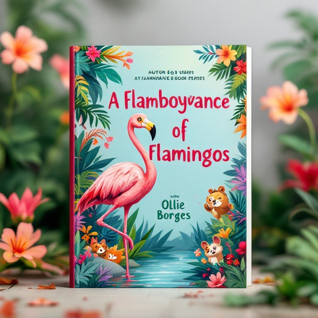 The cover features a vibrant and whimsical illustration of a flamingo, standing gracefully on one leg amidst a lush, tropical setting. The background showcases an array of colorful flora, creating an enchanting environment that captivates the eye. Alongside the flamingo, a small group of playful animal friends peek out from between the leaves, hinting at the adventurous spirit of the book series. The scene is filled with warm hues and a joyful expression on the flamingo's face, radiating a sense of happiness and fun.