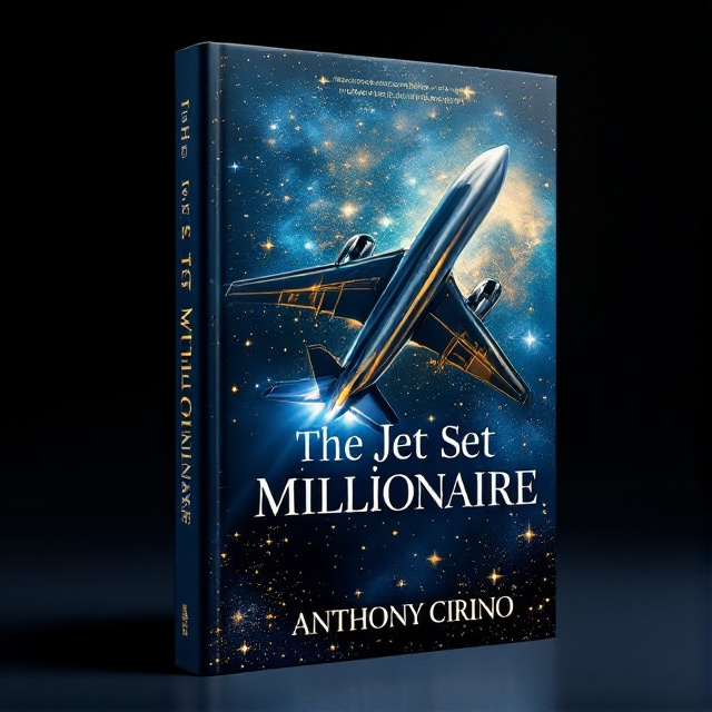A sleek airplane with a polished metallic finish is soaring through a galaxy of swirling stars and nebulas. The plane is angled upward, symbolizing ambition and success. The midnight blue background is sprinkled with twinkling gold stars, creating a sense of infinite possibilities and opulence.