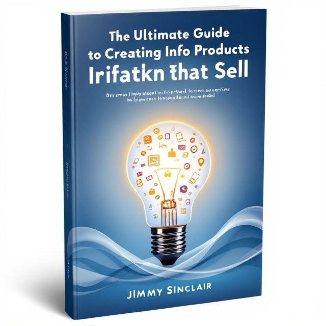 The cover features a lightbulb glowing softly, symbolizing the birth of new ideas. The bulb is partially transparent, revealing inside it a variety of small icons representing digital products—like e-books, audio files, and online courses. The background is a gradient of calming blues that projects a sense of trust and reliability. At the bottom of the cover is a transparent, abstract wave, symbolizing freedom and movement.