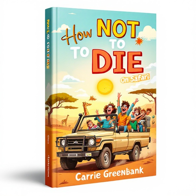 A vibrant, cartoon illustration of overly excited safari-goers prominently displayed at the center of the cover. They're in a contemporary khaki safari vehicle riding through the lively, golden tones of the Maasai Mara savannah. The backdrop features iconic wildlife silhouettes, like giraffes and elephants, and a playful sun that adds a whimsical element. Bright clothing on the characters creates a fun and adventurous aura.