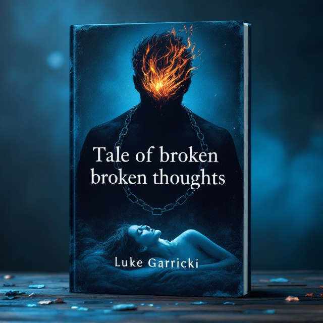 A dark blue-toned cover with a distressed texture to create a sense of gloom. In the foreground, the delicate white silhouette of a collapsed girl emphasizes the scene’s vulnerability. Behind her, a towering black silhouette of a man looms, his head crowned with flickering flame-like hair that emits subtle hints of orange and red to contrast the blue tones. Chains snake through the composition, encircling both figures, symbolizing restraint and a sense of claustrophobia. The background fades into a deep abyss of blue with faint, ghostly patterns that resemble broken thoughts or scattered fragments.
