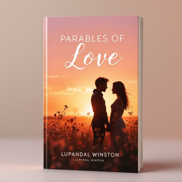 A serene, sunset backdrop with warm hues of orange and pink. In the foreground, a silhouetted young couple stands hand in hand, gazing lovingly into each other's eyes amidst a field of wildflowers. The couple is slightly off-center to draw attention to their bond, while a gentle breeze subtly suggests movement in their hair and clothing.