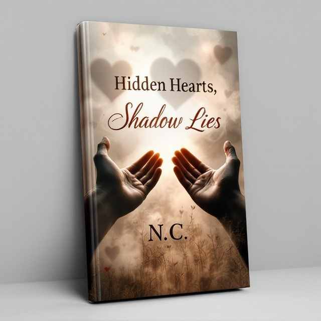 Two hands, lightly brushed in shadows, reaching towards each other from opposite corners of the cover. In the background, a veil of subtle, swirling mist forms abstract heart shapes, creating an air of mystery. The hands symbolize connection amidst a backdrop of secrets and lies, illustrated by seemingly hidden eyes peering through the mist.