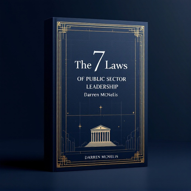 The cover features a central layout with the bold serif title “The 7 Laws” positioned prominently at the top center in a large, striking font. Just below, “of Public Sector Leadership” appears in a smaller, refined sans-serif font. The background is a deep navy blue, subtly textured with faint geometric gridlines, suggesting structure and unity. A minimalist silhouette of a neoclassical government building is faintly visible in the lower background, adding depth and contextual relevance. Elegant thin gold lines frame the title and run along the top and bottom edges, enhancing the sense of sophistication and authority.