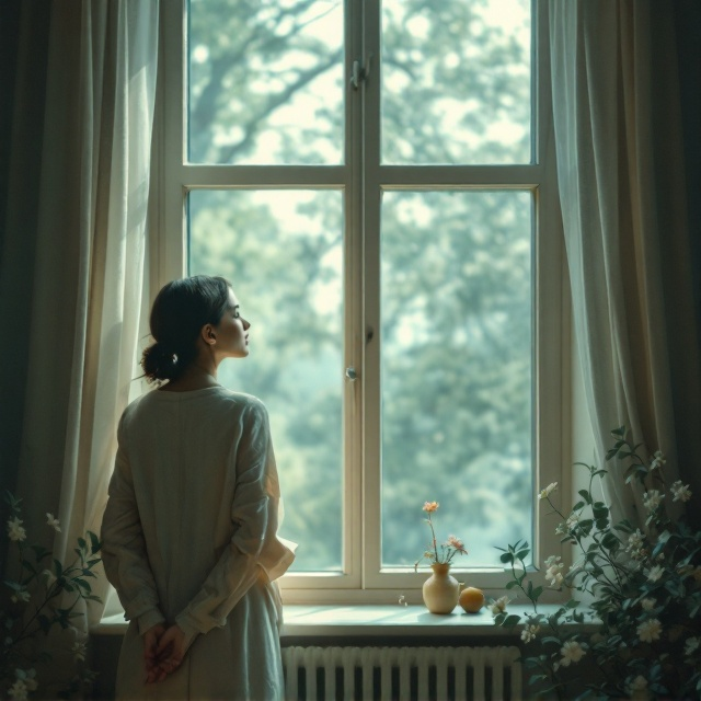 A serene and melancholic scene where a woman stands slightly to the side, gazing out of a large window. The world outside is a blur, suggesting movement and time slipping away. The woman's expression is one of deep contemplation and slight disappointment. Around her, pastel earth tones in blues, greens, and light browns provide a calming backdrop, while the window is the focal point, creating a metaphorical barrier between her and the elusive world outside.