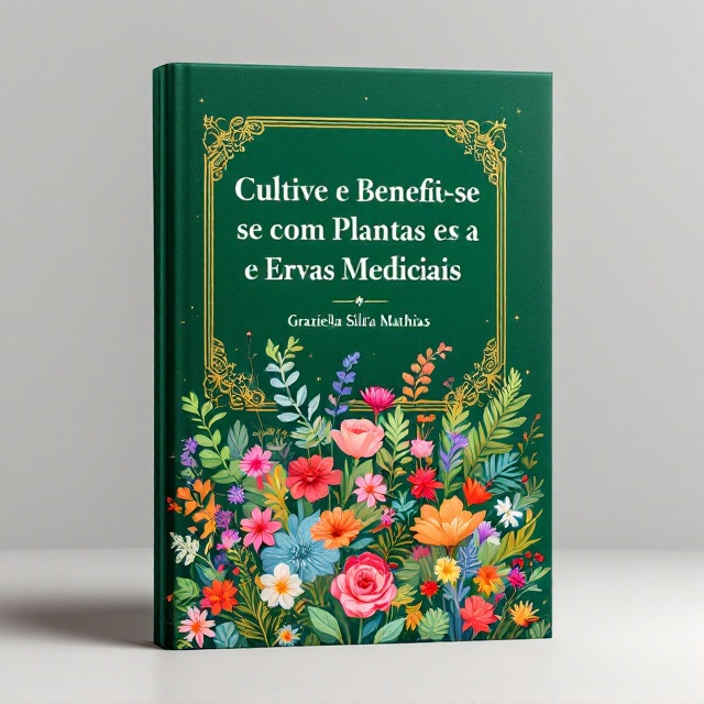 The cover features a rich background in the primary color #183b23 with a blend of vibrant, abstract illustrations of various medicinal plants and colorful flowers below the middle. The top of the cover is adorned with a central, elegant gold frame, emphasizing the title area. The plants and flowers are artistically arranged in a harmonious cluster that radiates health and vitality.