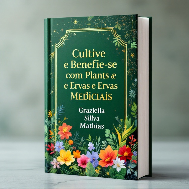 A deep green background (#183b23) adorned with vibrant, abstract illustrations of medicinal plants and colorful flowers clustered below the midpoint. A sophisticated golden frame encases the cover, enhancing the elegance of the title area. The plants and flowers are arranged harmoniously, with hints of gold highlights, radiating health and vitality.