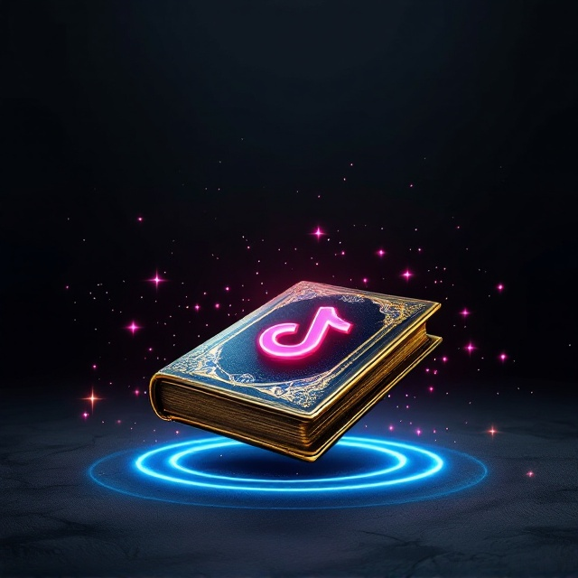 A dark, textured black background with a subtle gradient, giving an air of mystery and sophistication. In the center, a beautifully ornate, gold-colored book floats, slightly tilted, exuding an ethereal glow. The book is embedded with a sleek, glowing TikTok symbol in neon pink and blue hues, radiating delicate magical sparkles. Surrounding the book are faint pulsating light rings, creating depth and a sense of magical realism.