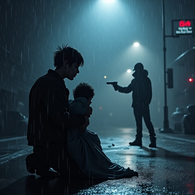 A dark and somber color palette dominates the cover, with shades of deep blue, charcoal gray, and faint splashes of red. In the foreground, an unknown person, mostly in silhouette, is kneeling on the ground, clutching a lifeless child draped in fabric. The person's face is obscured by shadow, adding mystery to their identity. In the background, an ominous shadowy figure is seen holding a handgun, its barrel aimed directly at the kneeling figure. The setting is framed by a mist-covered, dimly lit street at night, with faint rain cascading down, enhancing the mood of grief and regret. Subtle texture layers, such as rain and faint scratches, give the design depth and emotion.
