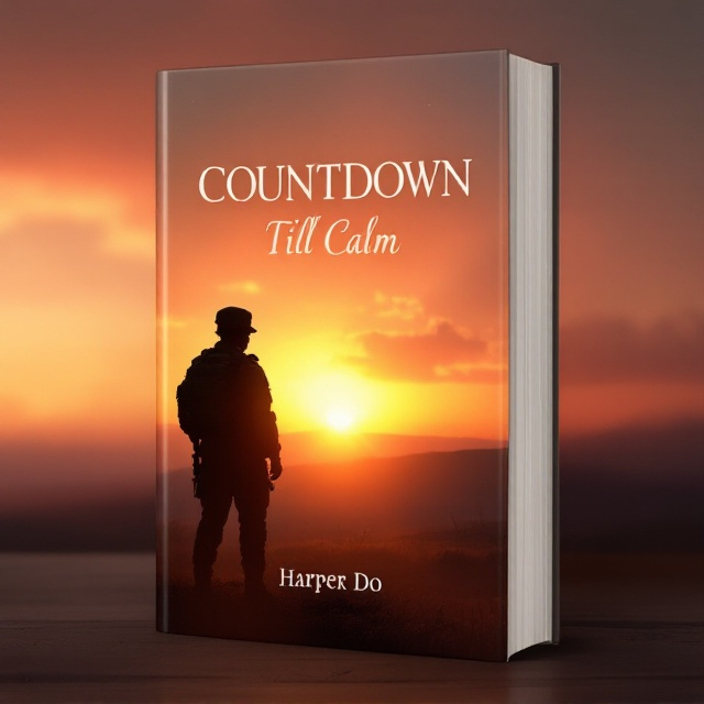 A glowing, warm-toned sunset dominates the background, with soft gradients of orange, pink, and purple blending into a gentle horizon. In the foreground, the silhouette of a lone army soldier stands slightly off-center, facing the sunset, evoking mystery and introspection. The shadowy figure blends into the line where the land meets the sky, with subtle hints of grass or rugged ground to ground the soldier. Soft glowing rays extend faintly from the edge of the setting sun, symbolizing calmness and transition.