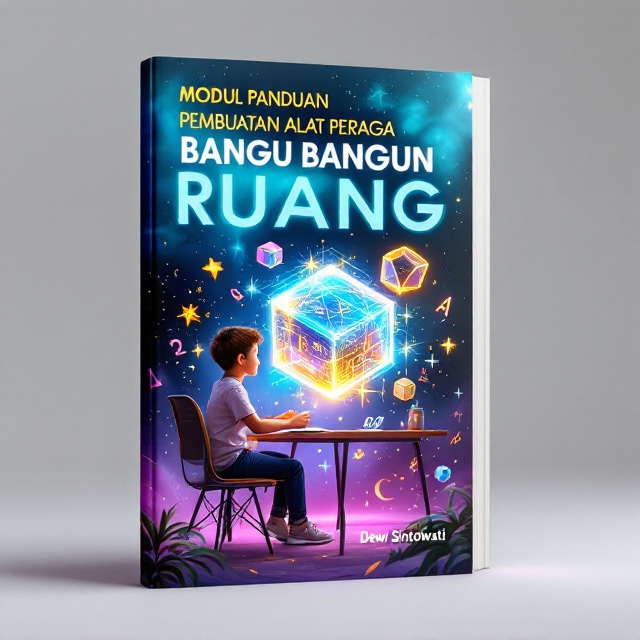 A vibrant and dynamic cover showing a young student sitting on a chair at a study desk, joyful and immersed in solving fun mathematics problems. On the desk, a glowing semi-transparent geometric cube floats, emanating sparkles and mathematical symbols. Surrounding the student and the cube are a series of 3D geometric figures, grids, and jaring bangun ruang diagrams, floating in a celestial, magical space-like background with stars and nebulas. The colors blend shades of deep blue, purple, and gold with highlights of vibrant geometric outlines, creating an ethereal and engaging visual.