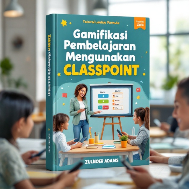 The cover depicts a brightly lit classroom environment with a cheerful teacher standing near an interactive whiteboard displaying a ClassPoint quiz interface. In the background, smiling students are holding mobile phones, actively engaging with the gamified learning process. The composition includes playful, educational-themed icons (books, pencils, and stars) subtly scattered around the edges to emphasize the academic and engaging theme of the book. The scene is imbued with vibrant, happy colors like blues, greens, and yellows that evoke optimism and energy.