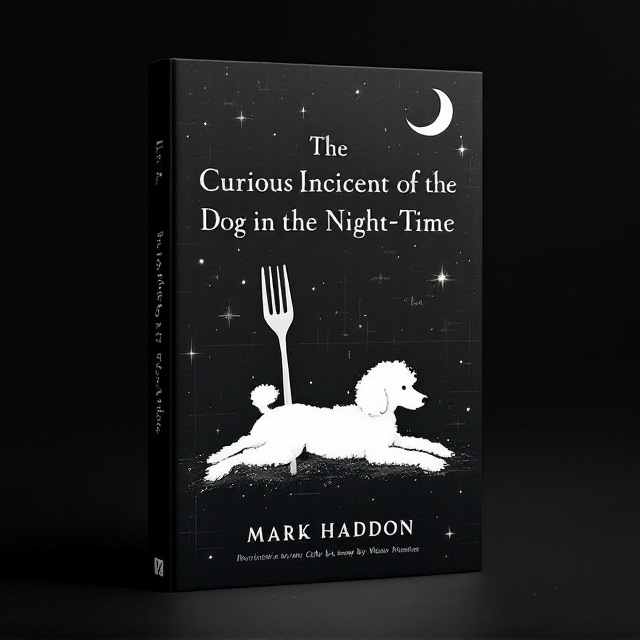 The cover features a dark black background evoking the essence of night. At the center, the silhouette of a lifeless white poodle is lying on its side, with the handle of a garden fork protruding ominously from its body. Surrounding the poodle, small specks of glowing stars and a crescent moon in the upper right corner provide subtle light and reinforce the nocturnal and mysterious atmosphere. A mathematical grid and equations, faintly visible in the background, form a layered texture giving a nod to the protagonist's analytical mindset.