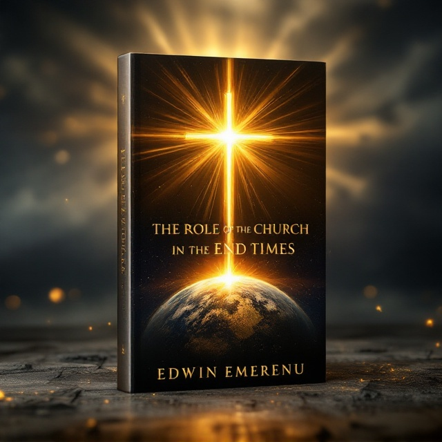 A radiant golden cross is placed at the center of the cover, surrounded by glowing light streams emanating outward, signifying divine power and hope. An abstract depiction of the Earth is placed underneath the cross, symbolizing global influence and the end times theme. The background is a mix of a dark stormy sky with breaking rays of light cutting through, representing hope amidst chaos.