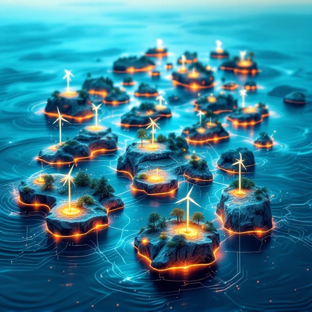 A striking illustration of interconnected islands forming a stylized archipelago, with each individual landmass connected by glowing lines symbolizing STEM networks. Waves ripple outward from the islands toward the edges of the cover, incorporating faint molecular structures and technology circuit patterns in a layered approach. The background is a gradient of oceanic blues with hints of teal, capturing the essence of water and sustainability. Minimal graphic icons of wind turbines and geometric ecosystems subtly accentuate the islands' surfaces.