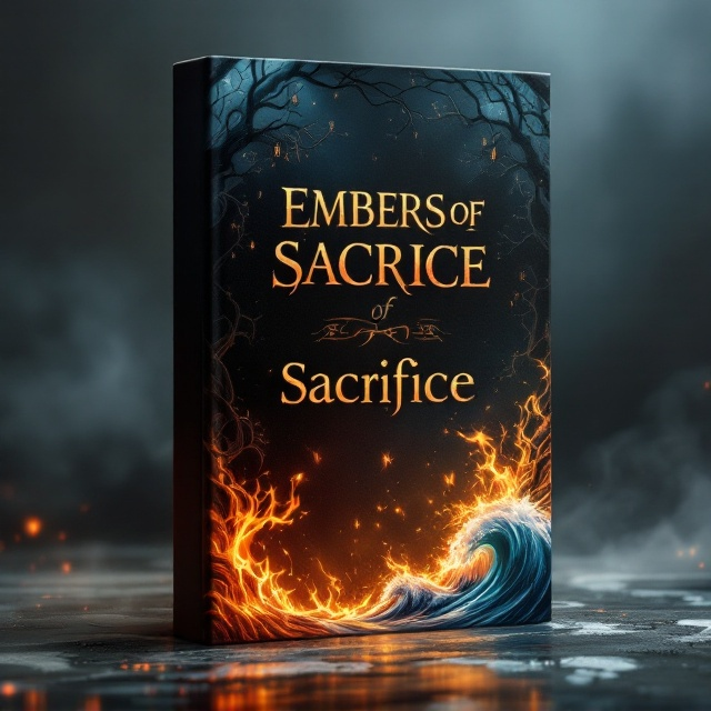 A dark, atmospheric cover featuring a smoky and mysterious gradient background. In the top left corner, intricate, twisted tree branches with faint glowing runes are set against the backdrop of a faint moonlit forest. The top right corner shows soft, swirling spirals of mist and wind in pale blues and whites, blending gracefully into the design. The bottom left corner bursts with vibrant and chaotic flames in hues of orange and red, crackling and casting a warm glow. The bottom right corner features dynamic, cresting ocean waves with a shimmering, reflective surface, capturing the light from the flames. In the center of the cover, the title—“Embers of Sacrifice”—stands out dramatically in metallic gold, surrounded by faint wisps of smoke.