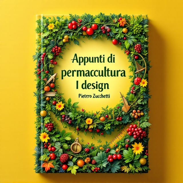 A vibrant spiral pattern made of intertwining green vines, leaves, fruit trees, and berry bushes forms the center of the cover, symbolizing the harmony of nature. Small design tools like a compass and ruler are subtly integrated into the spiral. The background fades into a gradient of sunny yellow transitioning to lush green at the edges, evoking warmth and growth.
