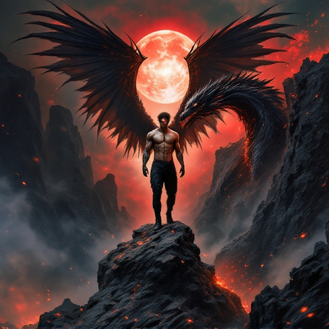 A towering, shirtless fallen angel with taut, glowing tattoos stands center stage on a jagged cliff, his dark wings unfurled dramatically, feather tips blending into a stormy crimson sky. His glowing eyes catch the viewer's gaze with an electrifying allure. To the right, suspended mid-air on a nearby cliff, is an enormous dragon, its obsidian scales shimmering with molten crimson veins, the beast exhaling smoke as embers flutter in the fragmented moonlight. Jagged cliffs frame either side of the scene, silhouetted beneath the fractured sky. A windswept, desolate landscape fills the background, suggesting despair and danger. The lighting emphasizes shadows and radiant energy, creating an ominous yet seductive tone.