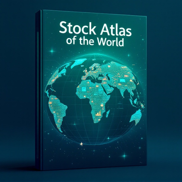 A central globe illustration with a patchwork of stock market graphs, charts, and icons integrated into continents. The backdrop features a gradient of deep blue fading to emerald green, symbolizing growth and learning, with subtle grid lines giving it a data map aesthetic. The book title "Stock Atlas of the World" is prominently placed at the top, surrounded by subtle glowing orbit lines to symbolize a connected financial world.