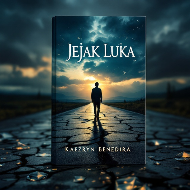 A silhouette of a lone figure walking down a cracked, desolate road that disappears into a background of an ominous yet calming twilight sky. Dark stormy clouds hover above, pierced by faint rays of sunlight breaking through, symbolizing the presence of hope. Surrounding the road are scattered fragments of shattered glass, with subtle reflections of different, emotion-evoking scenes—anger, despair, and resolve. The background edges are blurred into soft textures, adding contrast to the central figure.